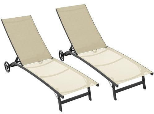 Outsunny 2er-Set Sonnenliegen Liegestuhl Liegestuhl verstellbar aus Aluminium und Textilene mit Rollen Rückenlehne mehrfach verstellbar max. 150 Kg Belastung Khaki