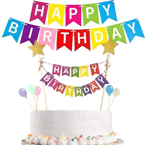 Wimpelketten Happy Birthday Tortenstecker Set, Alles Gute zum Geburtstag Kuchen Topper Bunting Set, Cake Topper Banner mit 1 Girlande et 5 Ballon Cupcake Topper, Kuchendeko für Geburtstag