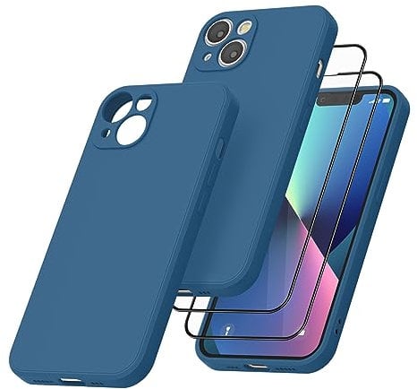 Vancle Case for iPhone 13 Phone Case,with 2 HD Screen Protectors, Shockproof Bumper Liquid Silicone Case with Microfiber Lining (Navy blue)