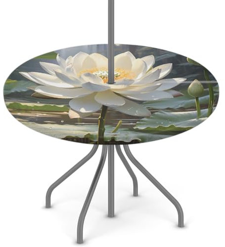 Woltant Runde Tischdecke mit Sonnenschirmloch und Reißverschluss, abwischbare Tischdecke mit elastischen Kanten, Tischschutz für den Außenbereich, für Garten, Terrasse, BBQ (Lotusblumen)