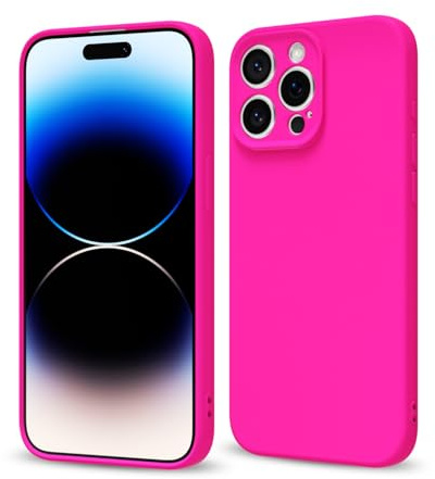 Svaove for iPhone 14 Pro Phone Case Liquid Silicone, Thin Ultra Slim Minimalist Phone Cover, Girly Cute Plain Bright Solid Color Matte Soft Rubber Jelly Gel Plastic TPU Bumper, Neon Hot Pink