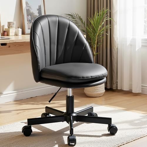 COMHOMA Homeoffice Stuhl, Schminkstuhl, Schreibtischstuhl ohne Armlehnen, Drehstuhl mit Rückenstütze, Bequemer Bürostuhl auf Rollen, Höhenverstellbarer Home Office Stuhl,Kunstleder schwarz