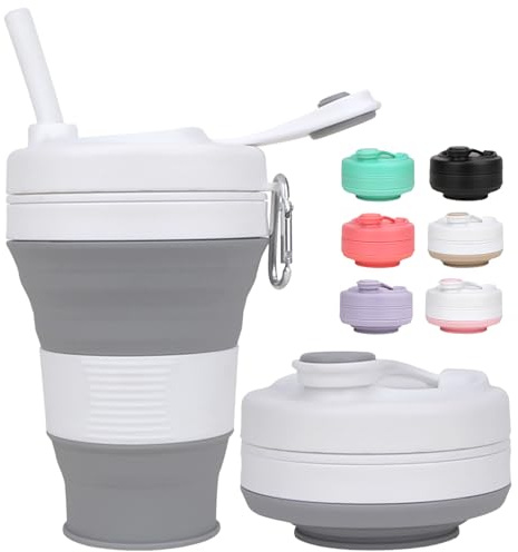 MOMAHUA 600ml/20oz Collapsible Coffee Cup with Lids,Grey Silicone Portable Large Capacity Water Cups,Reusable Coffee Mug,Foldable Camping Travel Cup Fits in Your Pocket,Folding Mug Collapses to 6cm