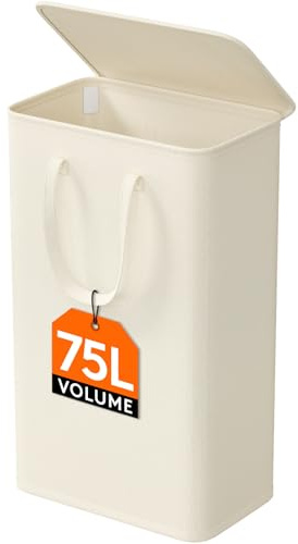 Lifewit 75L Slim Laundry Basket with Lid, Narrow, Handles, White | Small Washing Basket, Foldable Laundry Bag, Thin Laundry Hamper Bin for Bedroom Accessories