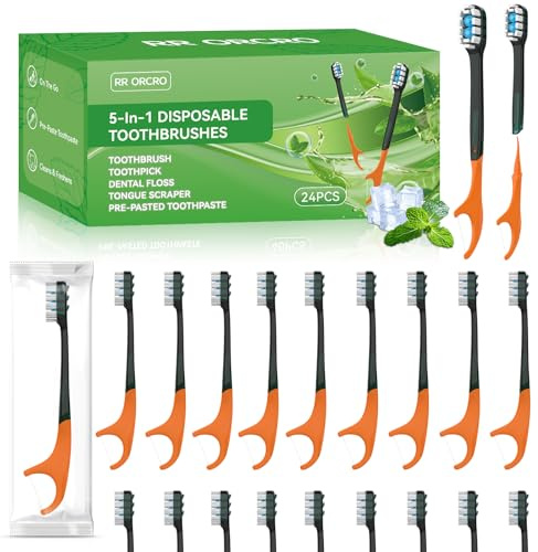 5-in-1 Disposable Toothbrush with Toothpaste All-in-One Oral Care Prepasted Individually Wrapped Mini Toothbrush with Toothpick, Flosser, Tongue Cleaner, Perfect for Travel & On-The-Go (24Pack)