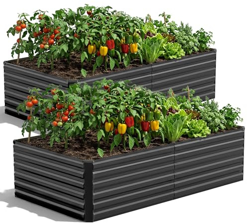 Freelawn Hochbeet Metall 2er Set (180x90x60 cm), Verzinktes Pflanzbeet mit 3 Stabilisierungsstangen (Kein Ausbeulen), XXL Gemüsebeet mit Kunststoff-Kantenschutz & Offenem Boden, Schwarz
