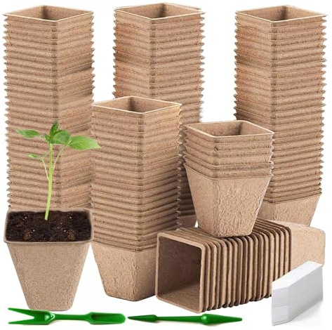 YOOSI Pots Biodégradables,100 Pièces 8 CM Pot de Semis de Plante,avec 100 étiquettes de Plantes +2Pcs Outils de Repiquage,Peti Pots pour Plantation Graine Fleurs