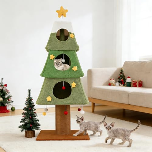 GYMAX 162 cm Kratzbaum Weihnachten, mehrstöckiger Katzenbaum mit oberem Stern, 3 Kuschelhöhlen, Sisal-Kratzmatte & hängendes Spielzeug, 3-stöckiges Katzenmöbel für Kätzchen