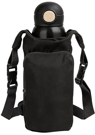 Apradas Water Bottle Carrier Bag, with Phone Pocket & Adjustable Shoulder Strap, for Hiking Travelling Camping (Black)