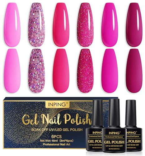 INPING Vernis Semi Permanent Rose 6 Couleurs Gel Vernis à Ongles 8ML | Rose rouge vif paillettes couleur pêche pour Pailleté Vernis Gel UV Semi Permanent Vernis à Ongles Pour Débutant Nail Art DIY
