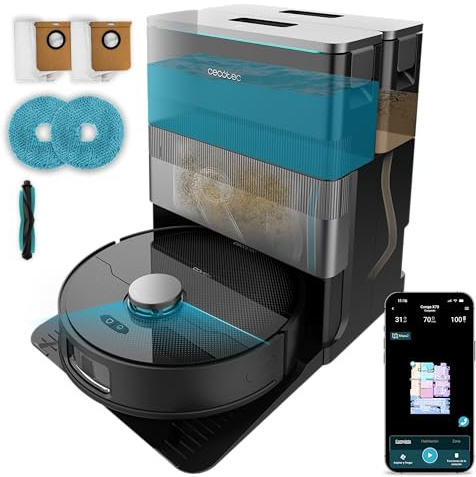 Cecotec Robot Aspirador y Friegasuelos con IA y Base Autovaciado Conga X70 Neo. Motor de Succión 15000Pa, Base 4 en 1, Tecnología Láser, Mopas Giratorias, Cepillo Lateral, App y Bluetooth