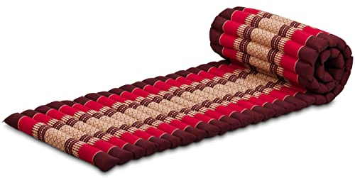 livasia Rollmatte Rollmatratze S schmal - 200x50x4,5cm - Gästebett Gästematratze 1 Person mit Muster, Reisebett Kofferraum outdoor, Thaimatte Kapok für Garten Balkon handgefertigt (Rubinrot)