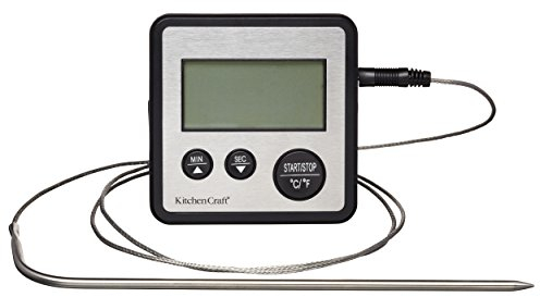KitchenCraft Termometro digitale per alimenti e timer da cucina con sonda per carne, zucchero, marmellata e altro, argento, 8 x 8 x 2 cm