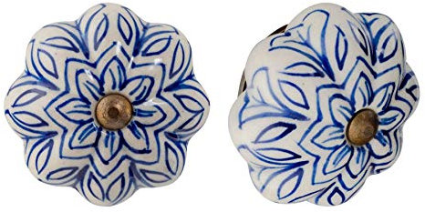 Nicola Spring Ceramic Cupboard Drawer Handle Knobs - Vintage Flower Design - Dark Blue - Pack of 24