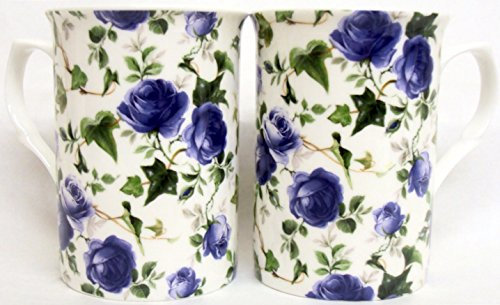 fromeuropewithlove Ivy Rose Mugs Set of 2 Fine Bone China Blue Roses Flowers Mugs Hand Decorated in the UK Free UK Delivery