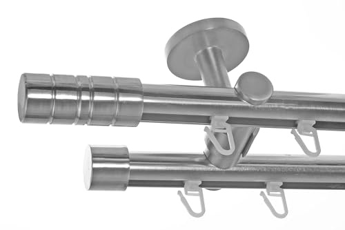 BASIT Gardinenstange Innenlauf Edelstahllook 20mm 2-läufig Decke 180cm D40 | Gardinenstangenset doppelläufig Deckenmontage Metall Vorhangstange Deckenhalterung 120-600cm wählbar Kappe Zylinder E34