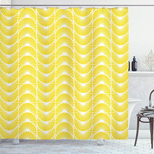 ABAKUHAUS Gelb und Weiß Duschvorhang, Retro Curves, Wasser Blickdicht inkl.12 Ringe Langhaltig Bakterie und Schimmel Resistent, 175 x 200 cm, Gelb Weiß