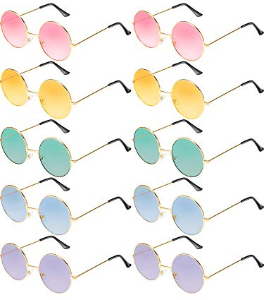 Blulu 10 Paar Runde Hippie Sonnenbrille John 60's Stil Kreis Farbige Gläser (Gold Rahmen)