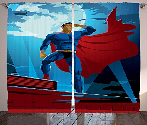 ABAKUHAUS Superhelden Rustikaler Gardine, Retro Cartoon Heros, Schlafzimmer Kräuselband Vorhang mit Schlaufen und Haken, 280 x 175 cm, Blau Rot