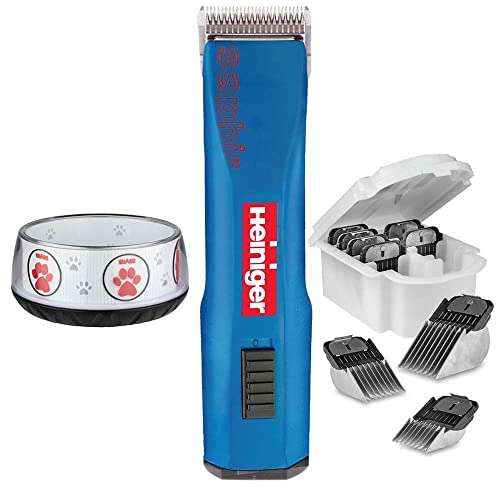 EHASO HEINIGER Profi Hundeschermaschine Set Saphir Akku-Schermaschine mit Scherkopf Size 10 (1,5 mm), neunteiligem Aufsteckkammset + Hundenapf