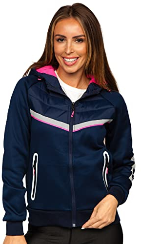 BOLF Damen Übergangsjacke Steppjacke mit Kapuze Daunenjacke Reißverschluss Sportjacke Zip Wärme Freizeit Outdoor Basic Casual Style J.STYLE KSW4012 Dunkelblau M [D4D]