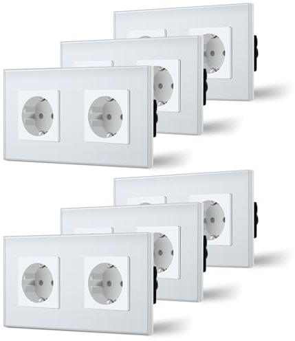 BSEED Enchufe de Pared 2 Enchufes Estándar Schuko con Panel de Cristal 16A Fácil Instalación 157mm Blanco, 6 Paquetes