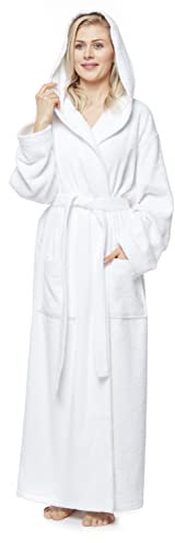 Arus Women's bathrobe with hood, full length, 100% cotton terry, White, S-M long