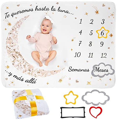 Manta Meses Bebé En Español | Manta Bebe Personalizada, Unisex | De Estrellas Y Luna | Regalo Personalizado De Nacimiento para Nuevas Mamás | Manta Mensual Bebe | Incluye Marcos De Colores