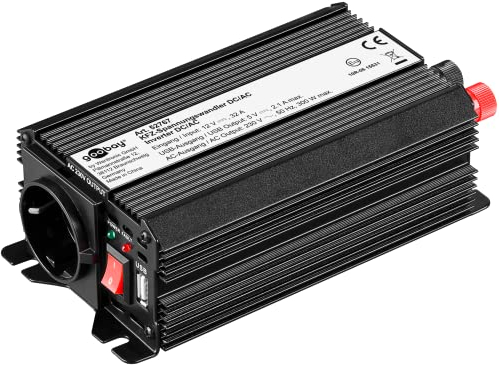 goobay 52767 Wechselrichter 12v DC auf 230v AC 300w / KFZ Spannungswandler mit 1x AC Steckdose und 1x 5V USB Ausgang (2100mA) / Power Inverter Batterieclips und Zigarettenanzünder-Adapter, Schwarz