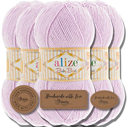 Hobby YARN 3x Etikettenlabel mit Alize Baby Best Wolle Premium 5x100g als Set | Antipilling Babywolle Acryl Uni & Batik Strickgarn zum Häkeln und Stricken (Lila)