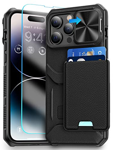 HWeggo for iPhone 14 Pro Case with Screen Protector,for iPhone 14 Pro Cover with Card Holder and Slide Camera Cover,Protective Case for iPhone 14 Pro 5G 2022,6.1(Black)