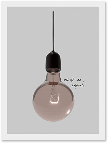 Artery8 Minimalist French Illustration of a Retro Peach Pink Light Bulb Ceci Est Une Ampoule Artwork Framed Wall Art Print A4