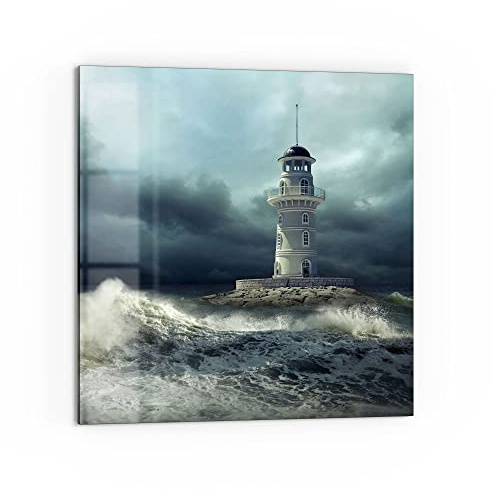 DEQORI Küchenrückwand Glas | Motiv Leuchtturm im Sturm | 60x60 cm | Bad- oder Herd-Rückwand | Herdblende Spritzschutz für Küche & Badezimmer | moderne Deko für Fliesenspiegel