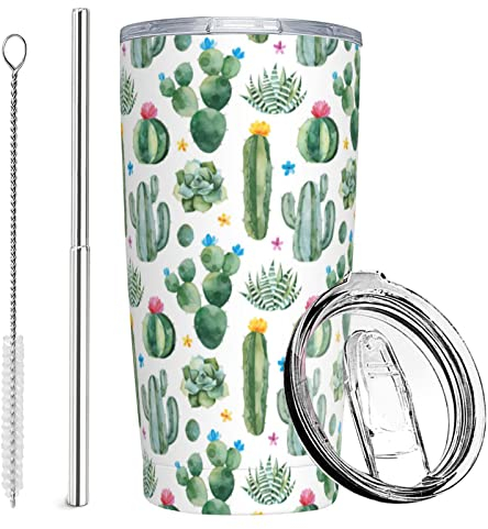 Kaktus-Becher mit Deckel und Strohhalm, 590 ml Edelstahl, isolierte Wasserflasche, Reise-Kaffeebecher, Geburtstagsgeschenke für Frauen