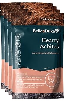 Bella & Duke Ox Bites for Dogs Pack of 4 - Beef Hearts Snack & Organic Apple Cider Vinegar for Gut Health & Sensitive Stomachs - B Vitamins & Iron - High Value Training Reward - 100% Natural Treats