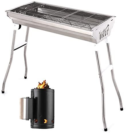 Holzkohlegrill BBQ Grill und Anzündkamin Kohlestarter, Tragbarer Edelstahl Barbecue Grill und Räucherofen, Outdoor Kochgrill für Picknick, Camping, Terrasse, Hinterhof