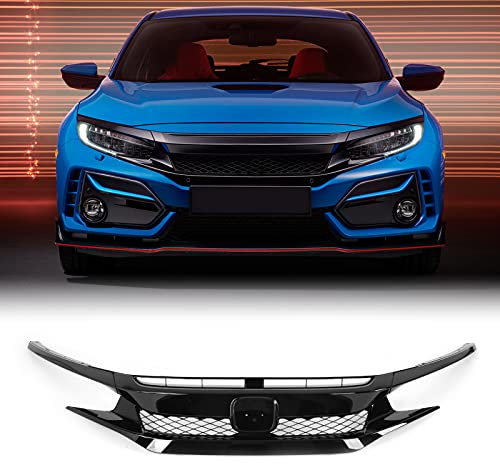 XTevu Rejilla Delantera De Malla De Panal De Abeja Estilo TypeR Negro Brillante Con Párpados De Faros Compatibles Con Rejilla Delantera De Coche Honda Civic 2019.