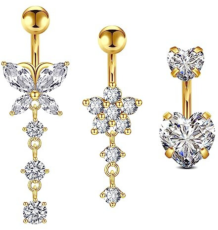 Crdifu 3pcs Barre de nombril court 6mm Petit Anneau de nombril Or Acier chirurgical Coeur Papillon Fleur avec pendentif Piercing Bijou