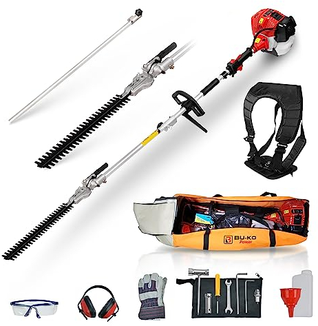 BU-KO 52cc Tagliasiepi a scoppio a lunga portata da e asta di prolunga da 75cm con borsa degli attrezzi per riporlo comodamente, rifilatura di precisione per siepi e cespugli alti