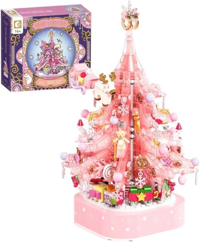 CIJINAY Weihnachtsbaum Bausteine Bausatz, 675 Weihnachten Spieluhr Klemmbausteine, Rosa Kristall Weihnachten Geschenke Spielzeug für Erwachsene und Kinder, Kompatibel mit Große Marke Technik