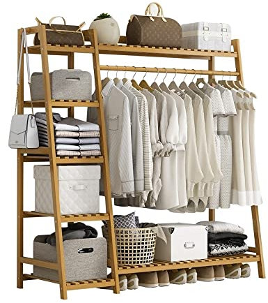 Kleiderständer aus Holz mit Regalen, hängender Kleiderständer für Schlafzimmer, freistehender offener Kleiderschrank/grün/80 x 40 x 140 cm (Holz 110 x 40 x 140 cm)