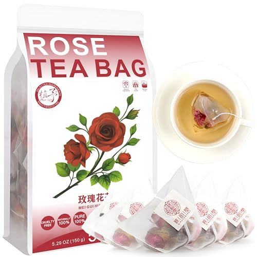 100% Rose Tea Bag, 150g/5.29oz (3g*50bags) Buds di rosa essiccati naturali puri - Rosebuds fiori secchi - scelta perfetta per tè di rosa, cottura, artigianato, produzione di sapone 玫瑰花茶