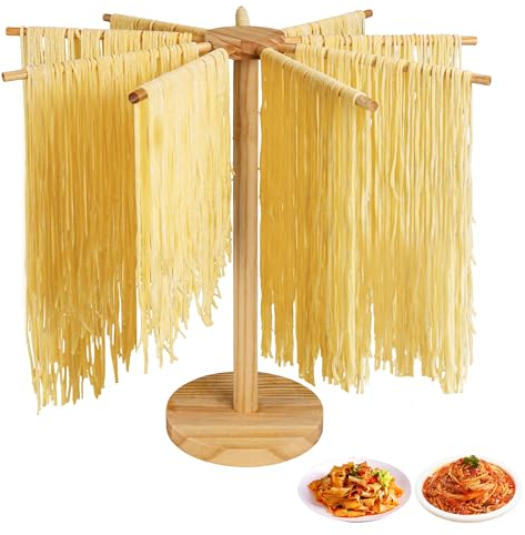 FEMILTG Pasta Drying Rack,Wood Pasta Drying Rack Collapsible for Homemade Fresh Pasta Noodle,Spaghetti Dryer Hanger Stand for Kitchen,for Pasta Maker,with Transfer Wand and 9 Bars