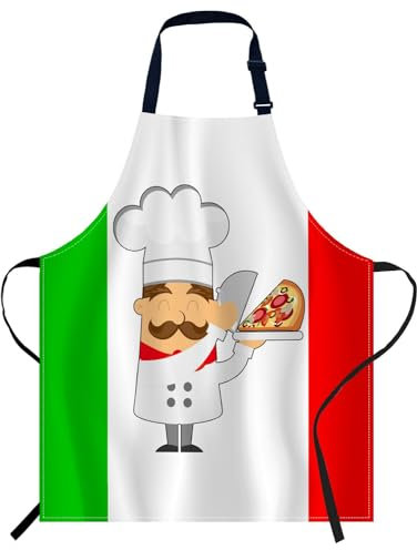 Smooffly Schürze mit italienischer Flagge, Cartoon-Koch, Pizzaschürze, verstellbare Schürze, Kochen, Küche, Koch, Damen, Herren, Schürzen für Zuhause, Küche, Restaurant, Kaffeehaus, Backen,