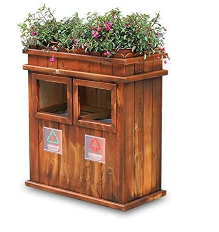 Botes de basura comerciales, bote de basura de madera anticorrosiva, bote de basura de clasificación de madera, tapa con caja de flores, bote de basura comercial para exteriores de gran capacidad,O