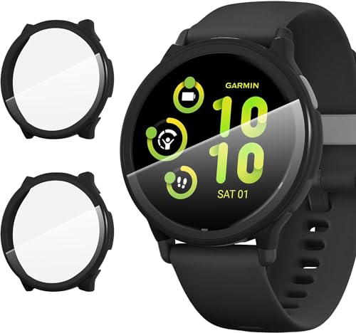 Diruite 2 Packs for Garmin Vivoactive 5 Protective Case with Tempered Glass Screen Protector,Hard PC Scratch Resistant Tempered Glass Cover