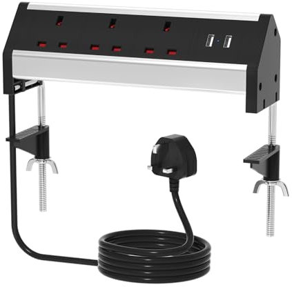 ZYMY Desk Power Socket with 2 USB and 2 Mount Clamp, 3 Plug Socket Desktop Power Strip Extension Lead with USB Slots for Home Office School Black