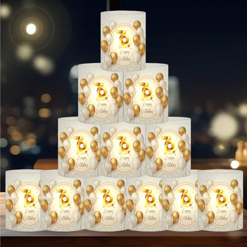 12 Windlicht Tischdeko 70 Geburtstag, Deko 70. Geburtstag, Geburtstagsdeko 70, Party Deko 70 Geburtstag Gold, Geeignet für Teelichter oder Kerzen (Happy Bithday 70th)