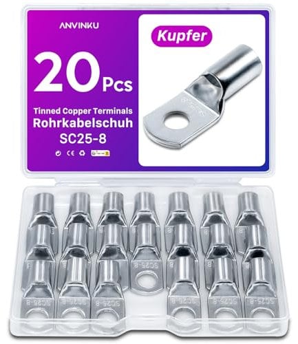 20 Stück Rohrkabelschuh 25mm2 M8 Kabelschuhe Set, ANVINKU Rohrkabelschuhe Set für Kfz Batteriekabel Set, Kabelschuh Sortiment, SC Rohrkabelschuh Set, 25mm² Kabelschuhe für Auto Motorräder Boote