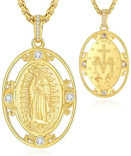 CELESTIA Heilige Maria Kette Damen Silber 925 Wundertätige Medaille Anhänger Vergoldete Mutter Gottes Madonna Medaille mit Gravur Christliche Geschenke Frauen Firmung Geschenk